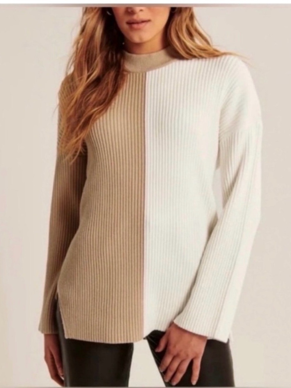 Abercrombie & Fitch Two-Tone Ribbed Crewneck Sweater in Cream and Tan